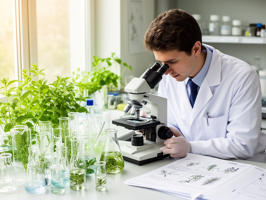 Botaničar pažljivo posmatra mikroskopske uzorke lekovitog bilja u naučnoj laboratoriji sa prirodnim osvetljenjem, vidljivi stakleni preparati i botaničke beleške u pozadini