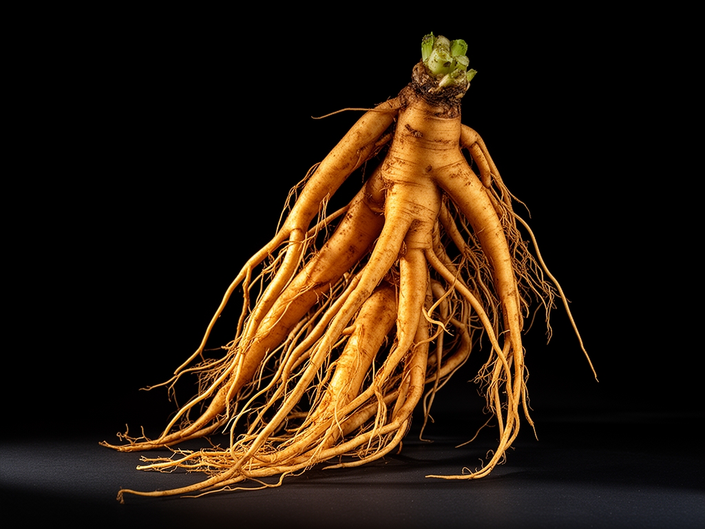 Suvi koren ginsenga sa karakterističnim razgranatim oblikom na crnoj pozadini, obasjano bočnim svetlom, vidljive prirodne žilice i teksture