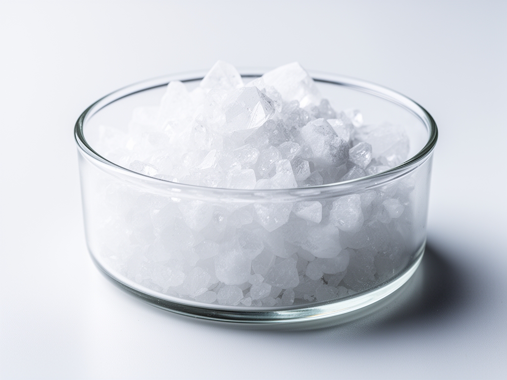 Krupni kristali magnezijum oksida u staklenoj posudi na beloj laboratorijskoj podlozi, hladna bela svetlost naglašava čistoću minerala