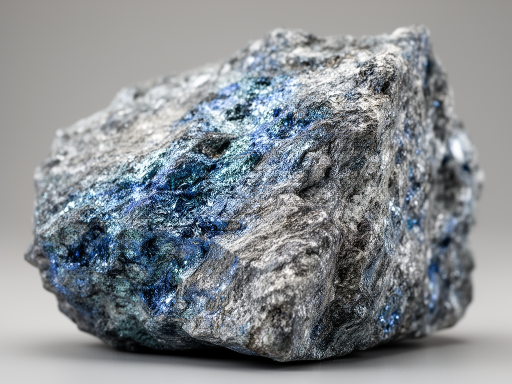 Bliski plan mineralne stene bogate cinkom sa metaličnim sjajem i plavkasto-sivim teksturama u prirodnom laboratorijskom osvetljenju