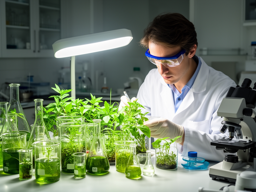 Naučnik koji proučava botaničke uzorke pri povećanoj svetlosti, okružen staklenim posudama sa biljnim ekstraktima i naučnim priborom na laboratorijskom stolu