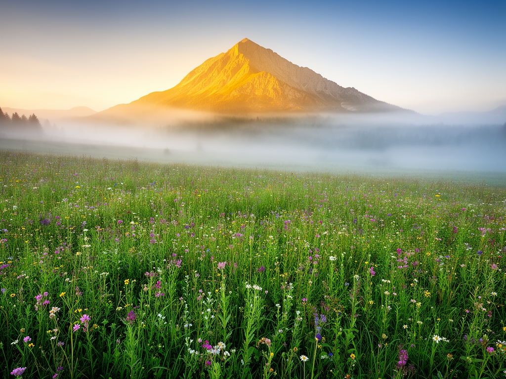 Panoramski pogled na gustu subalpsku livadu u jutarnjoj magli sa raznovrsnim lekovitim biljem i cvećem, planinski vrh u pozadini pod zlatnim svetlom izlazećeg sunca