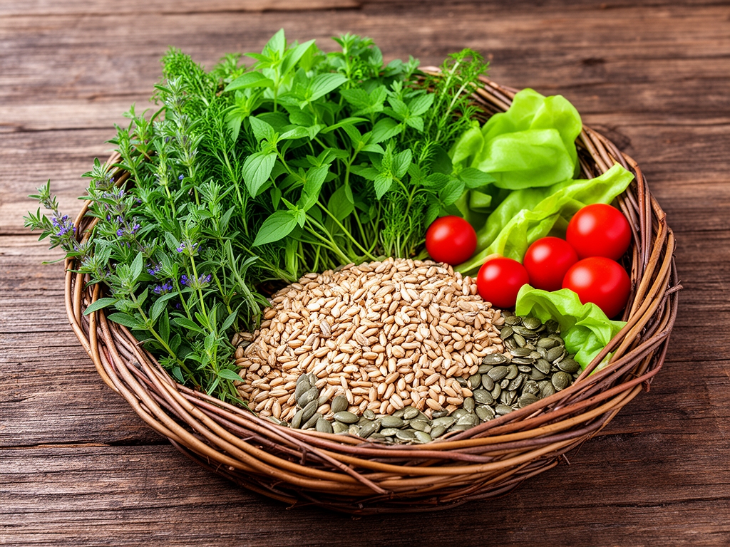 Sveže pobrano lekovito bilje u prirodnoj košari od pruća okruženo balansiranim obrokom od celog zrna, semenki i svežeg povrća na rustikalnom drvenom stolu