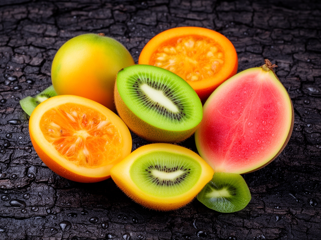 Raznovrsne tropske voćke i egzotično voće presečeno na pola, jarkih boja i vidljivih unutrašnjih struktura na tamnoj kambenoj podlozi sa vodenim kapljicama