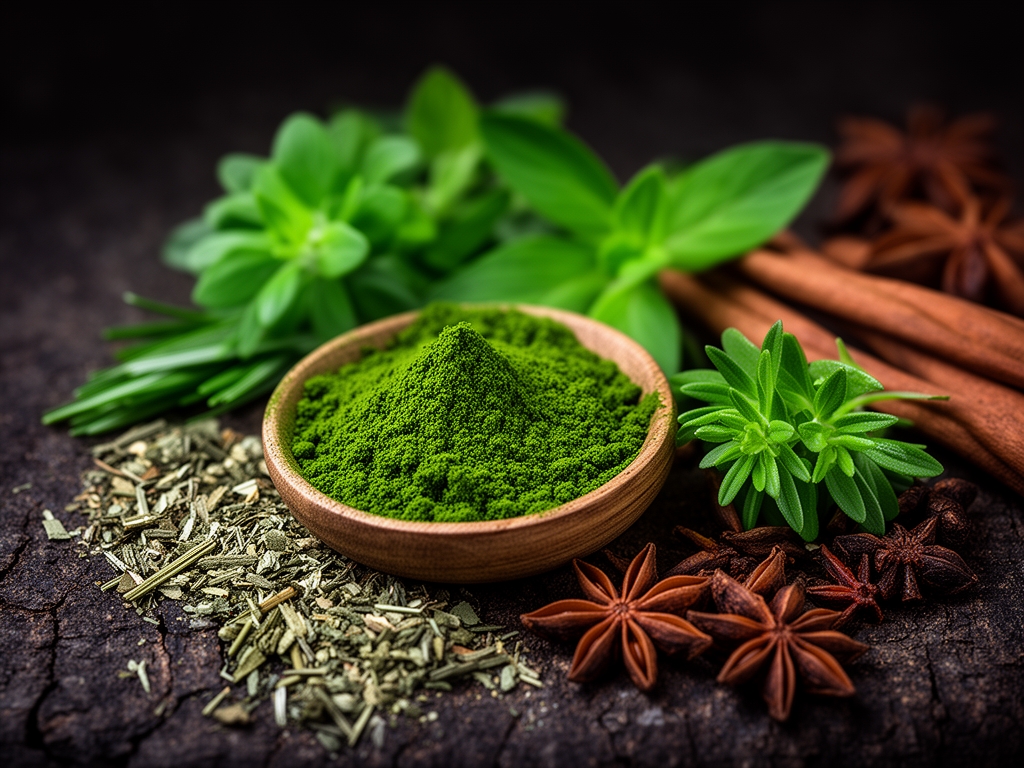 Makro fotografija biljnih ekstrakata i prirodnih supstanci raspoređenih na tamnoj kambenoj površini, duboke nijanse zelene i smeđe