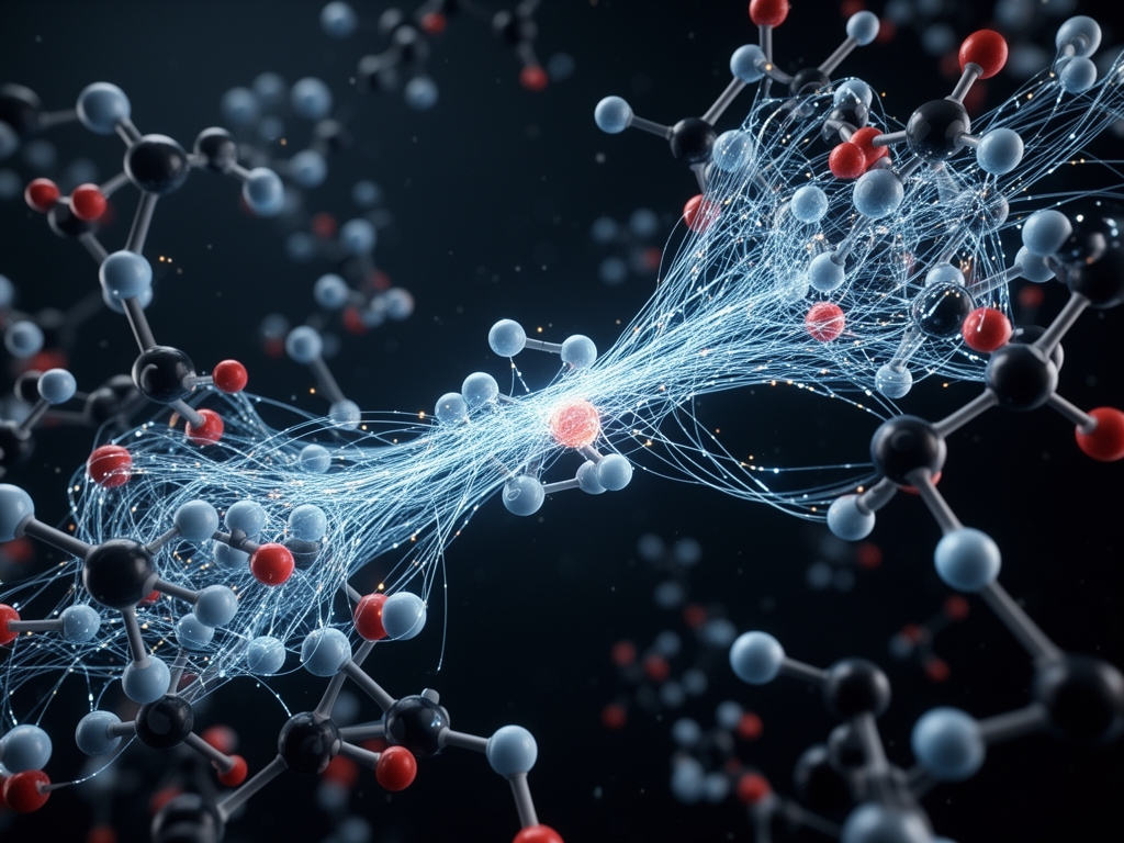 Vizualizacija molekularnih veza i atomskih struktura u tamnom polju sa svetlećim nitima koji simuliraju hemijske veze i interakcije supstanci
