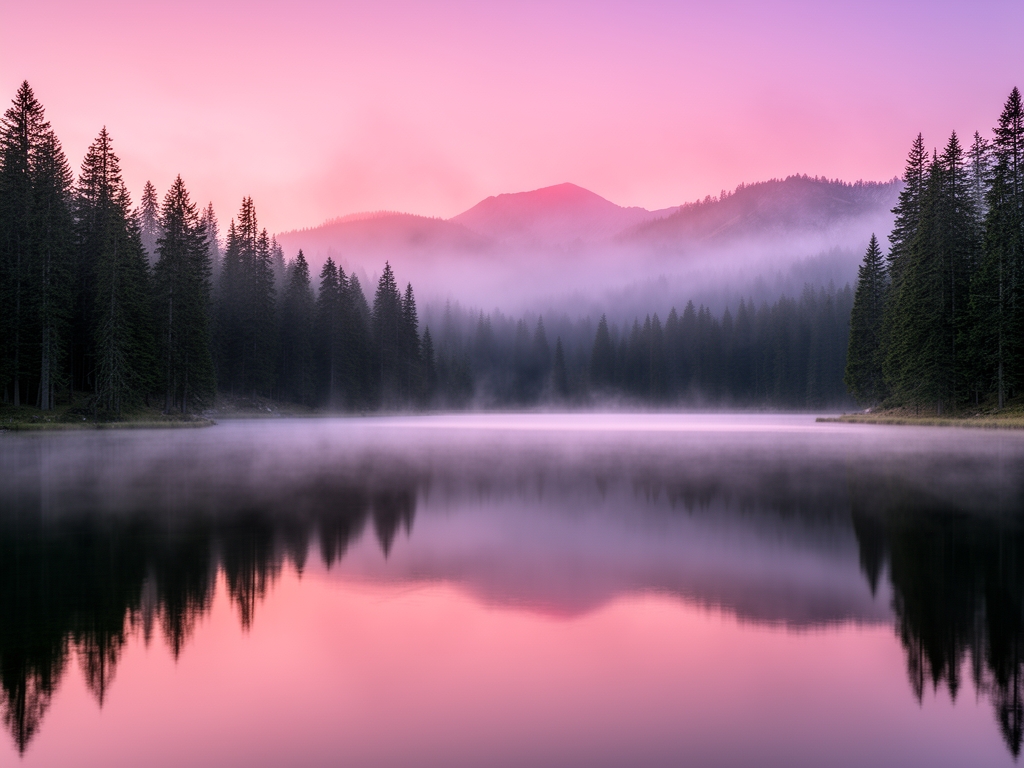 Jutarnja magla nad planinskim jezerom okruženim crnogoričnom šumom, mirna vodena površina reflektuje ružičaste nijanse svitanja i siluete drveta