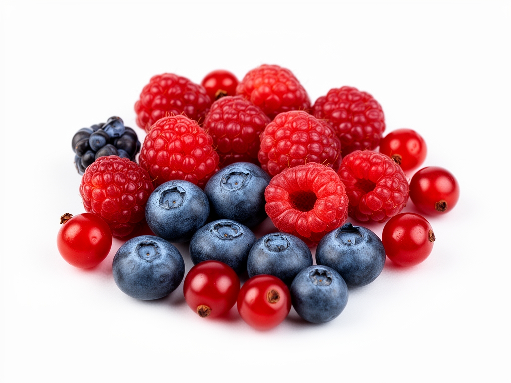 Gomila sveže ubranih bobičastih plodova: borovnica, maline i brusnice raspoređene na beloj podlozi, vidljive teksture površine svakog ploda