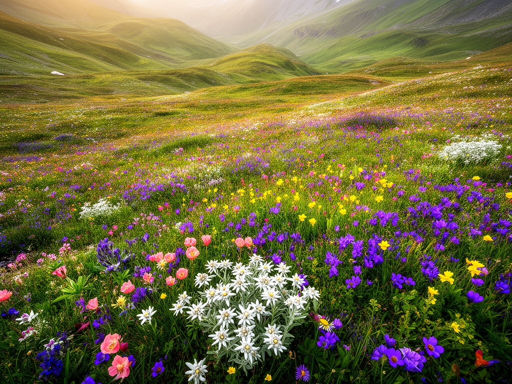 Panorama planinske livade sa raznovrsnim alpskim biljem i cvećem u punom cvatu, bez prisustva ljudi, fotografisano iz ptičje perspektive