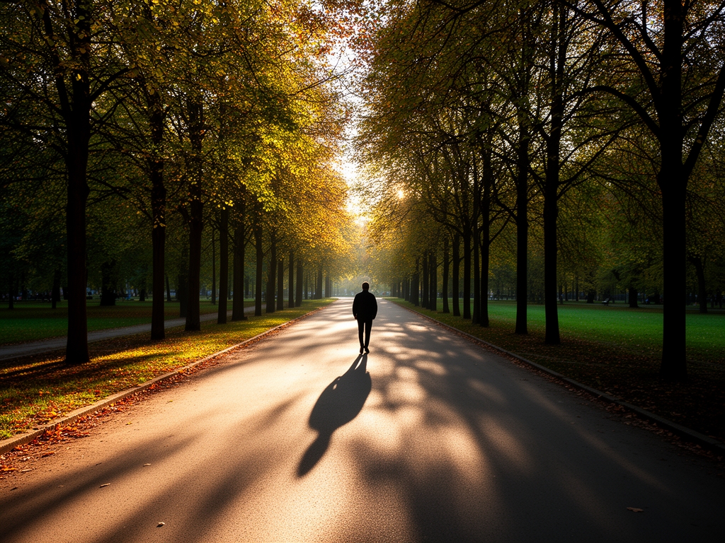Jutarnja šetnja u parku, senka osobe koja hoda stazom obasjano dugim jutarnjim senkama između listopadnih drvoreda