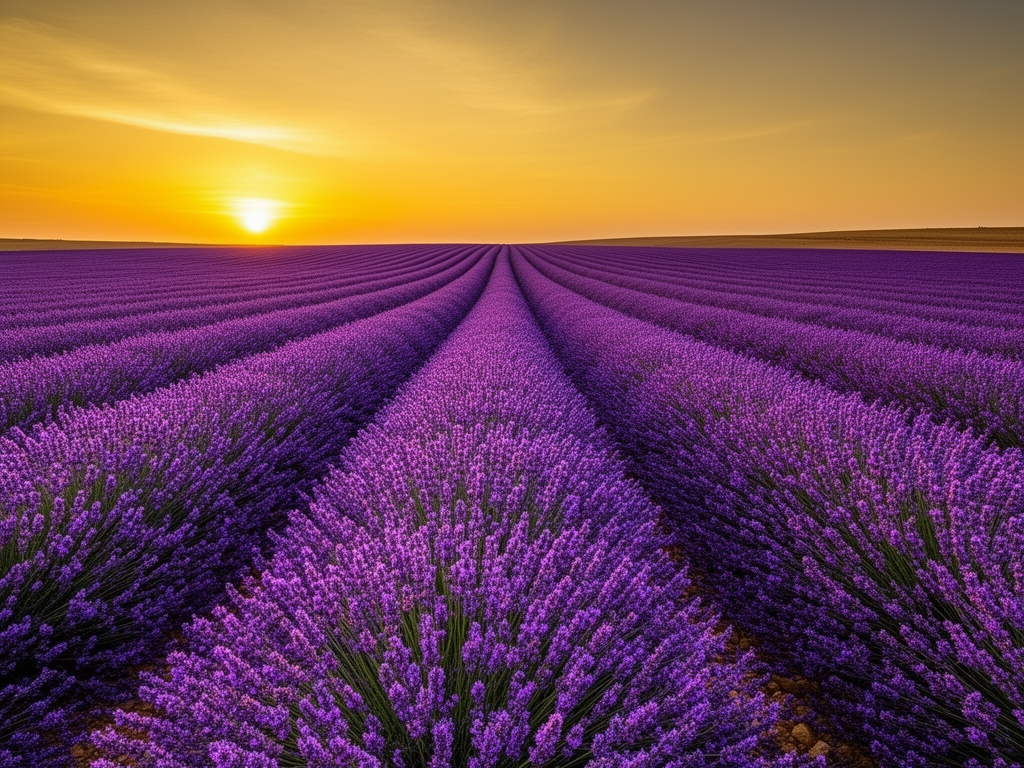 Polje lavande u punom cvatu pri zalasku sunca, purpurni redovi se pružaju ka horizontu sa zlatnim nebom u pozadini